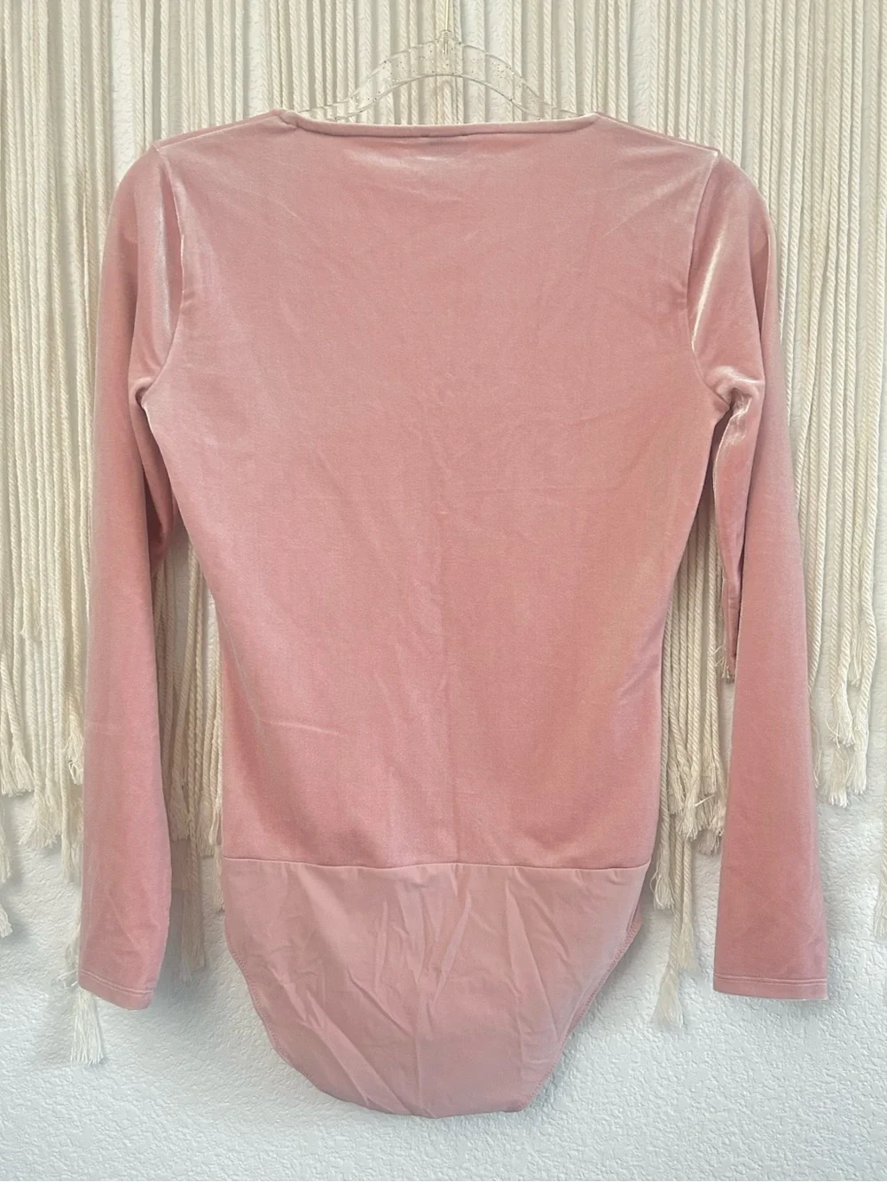 J Crew Pink Velvet Long Sleeve Bodysuit | Soft Stretch Scoop Neck Minimalist
